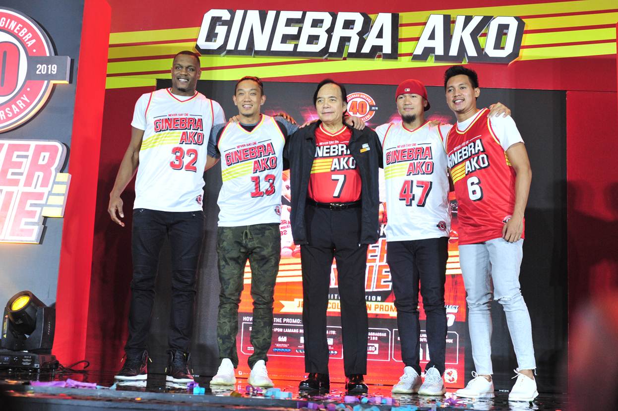 Brgy. Ginebra San Miguel's 2019 jersey collection features Robert Jaworski Sr, Justin Brownlee, Jayjay Helterbrand, Mark Caguioa, Scottie Thompson